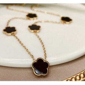 18K Gold Plated Clover Necklace BLACK Unisex Womens Mens stainless Steel